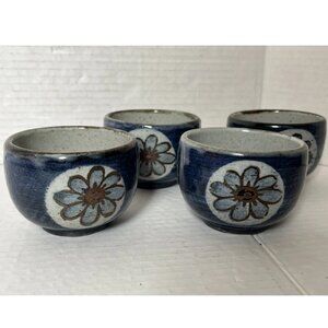 Vintage Japanese Stoneware Tea Cups Set of 4 Cobalt Blue Floral Yunomi Handmade